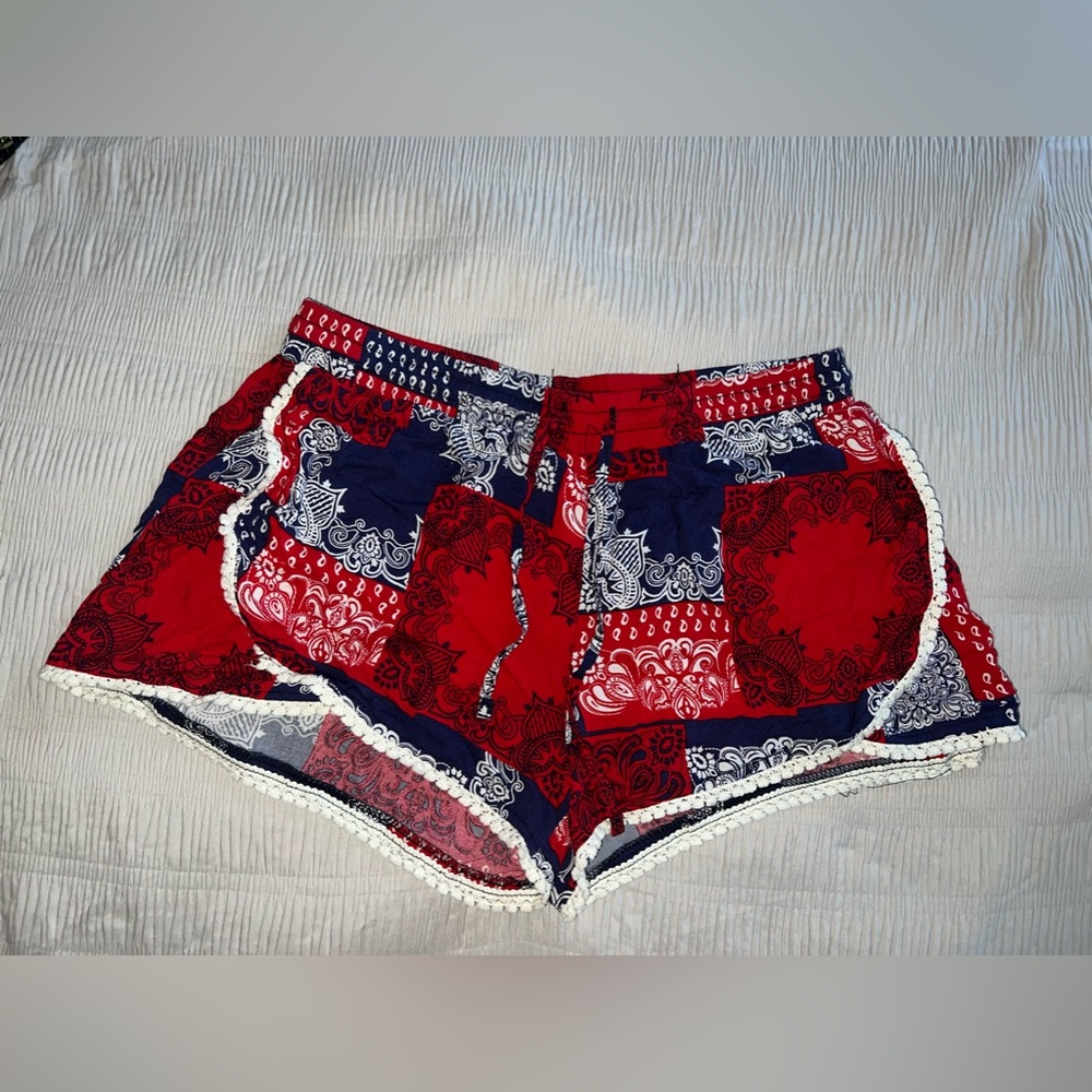 Red and blue boho shorts